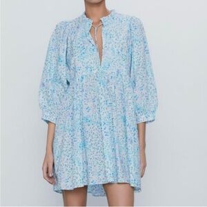 Zara Blue and White Ruffled Mini Sundress